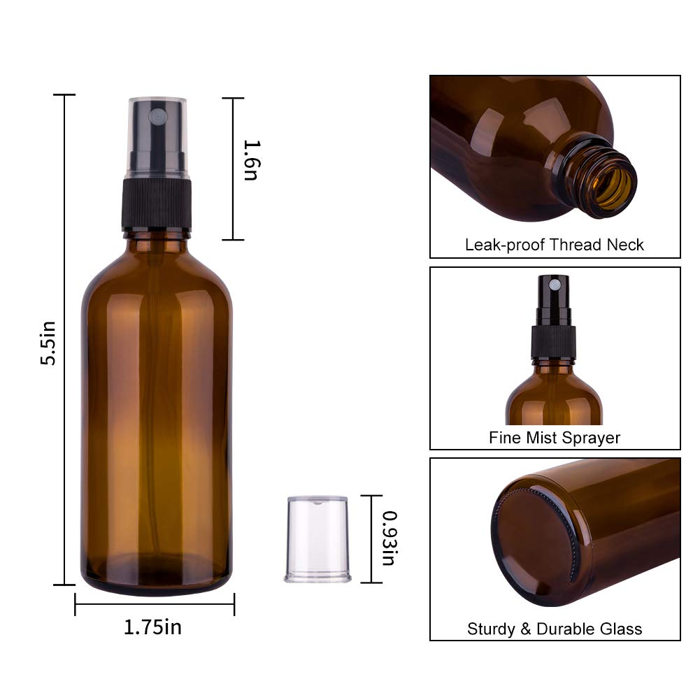 Amber Glass Spray Bottles - 4 oz Fine Mist Spray Bottles | Set of 4 Amber Bottles