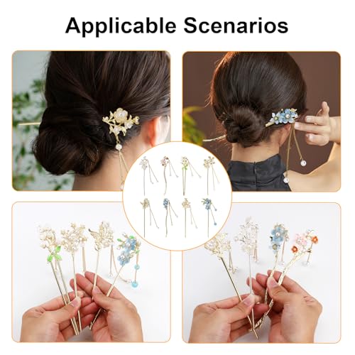SyhirNmly 8 Gold Japanese & Chinese Hair Sticks with Butterfly Flower Design & Pearl Tassels