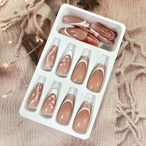 TBRZTR Press on Nails Square Medium Pink Love Heart Stars False with