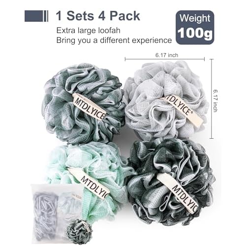 MTDLYICE Loofah Sponge, XXL Large Loofah 100g 4 Pack, Bath Sponge Soft Mesh Shower Loofah for Men, Body Scrub, Shower Pouf Bath Accessories, for Body Wash, Soap (Blue Gray)