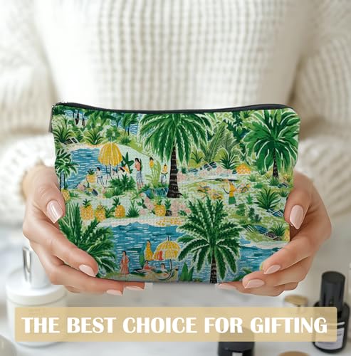 Elpwk Coastal-Seaside Hawaiian Palm Leaf Makeup Bag for Women, Tropical Travel Pouch