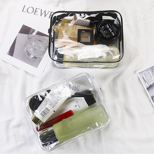6 Pack Clear Waterproof Makeup Bags - Black & White Toiletry Organizer