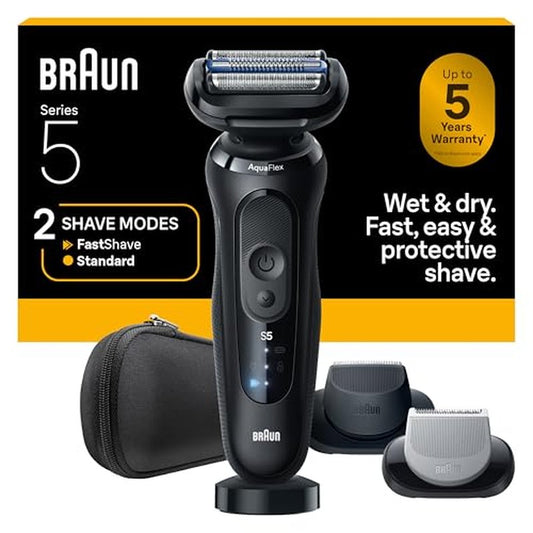 Braun Series 5 Electric Shaver for Men, Wet & Dry Foil Razor, Precision Trimmer Attachment, Body Groomer Attachment, Charging Stand, Travel Case, Black 5155cs