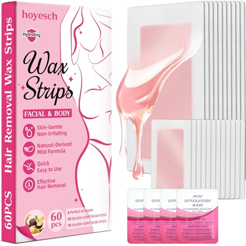 60 PCS Wax Strips - 40 Facial & 20 Body Waxing Kit for Women¡¯ s Hair Removal,Wax Strips for Face,Eyebrow,Body, Arms, Legs, Chest, Back, Bikini/Brazilian Waxing Strips & 4Calming Oil Wipes