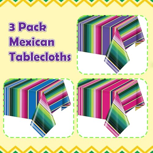 Mexican Fiesta Tablecloths - 3 Pack Disposable Striped Table Covers, 108x54 Inch
