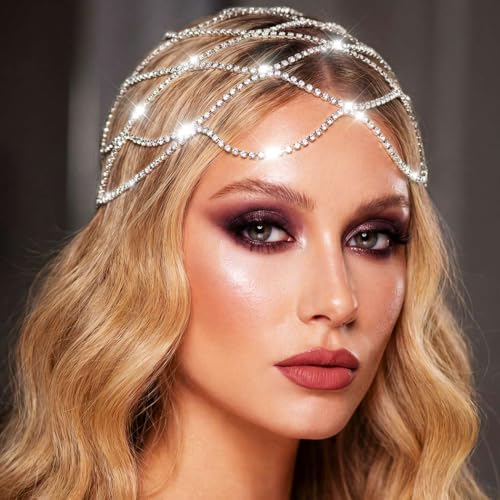 CAKURE Rhinestone Flapper Head Chain - Silver 1920s Gatsby Headpiece
