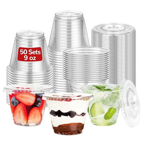 9oz Clear Plastic Cups with Flat Lids - Sturdy & Leak-Proof, 50 Sets