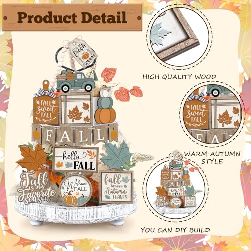 21 Pcs Fall Tiered Tray Decorations Set - Autumn Farmhouse Decor