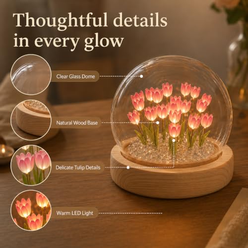 USB Powered LED Tulip Night Light with Glass Dome & Wooden Base