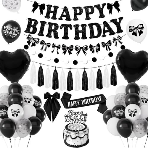 Black Bow Birthday Party Decorations Set - 35pcs Kit with Banner, Balloons, Cake Topper & Accessories