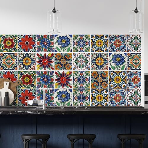30 Pcs Waterproof Peel and Stick Wall Tile Decals - Spanish Floral 4x4 Inch