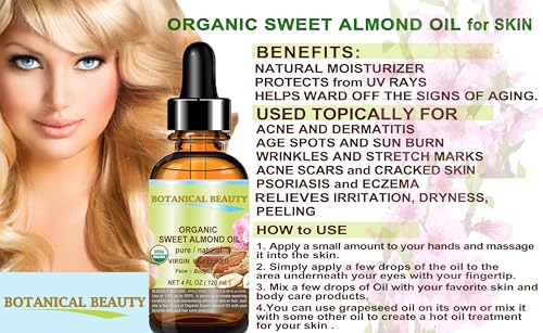 Botanical Beauty Organic Sweet Almond Oil - 100% Pure Cold Pressed Carrier Oil