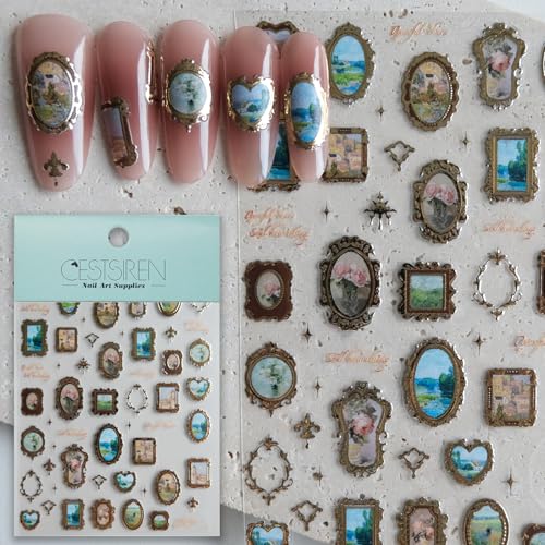 Cestsiren Golden Frame Nail Art Stickers - Vintage Self-Adhesive Decals