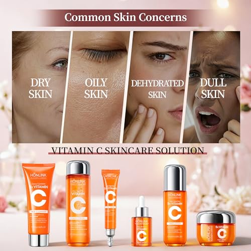 6-Piece Hydrating Vitamin C Skincare Set with Niacinamide, Daily Face Care Routine Includes Cleanser, Toner, Serum, Moisturizer, Eye Cream & Body Lotion for Self Care