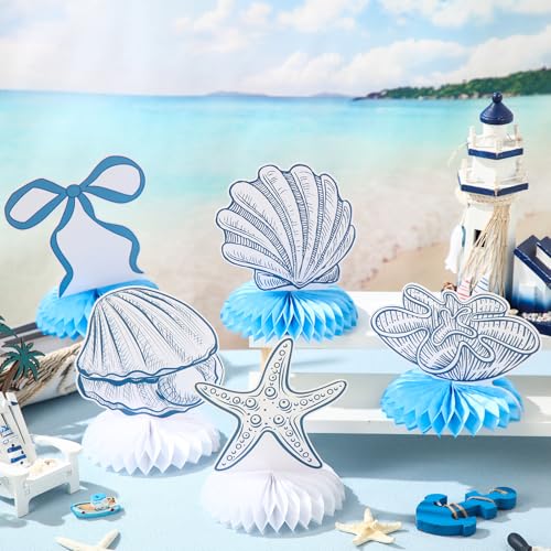 12 Pcs Blue Bow & Seashell Honeycomb Centerpieces for Parties