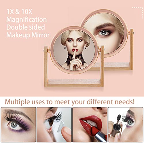 YEAKE Double Sided 10X Magnifying Makeup Mirror - Rose Gold Round, 360° Rotation