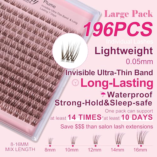 Kisslily Plume Lash Extension Kit - Natural Brown Lash Clusters, 8-16mm C Curl