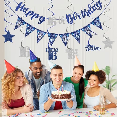 16th Birthday Decorations Kit - Blue Silver Banners & Swirls