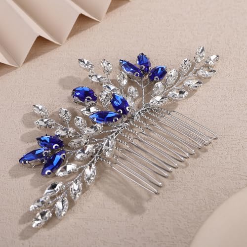 Handmade Silver & Blue Rhinestones Hair Comb for Weddings