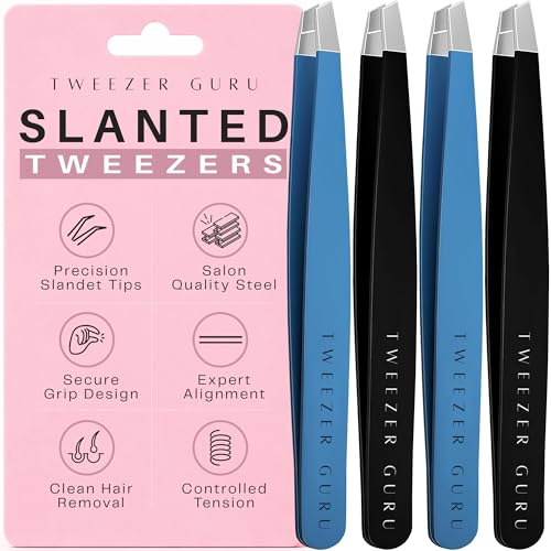 Tweezers Set - Stainless Steel Slant Tip Eyebrow & Facial Hair Tweezers 4-Pack