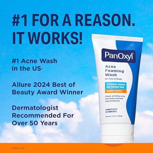 PanOxyl 10% Benzoyl Peroxide Acne Foaming Wash - Maximum Strength Cleanser for Face and Body, 5.5 Oz