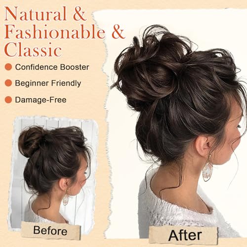 Women Hairpieces 2PCS Wavy Curly Messy Bun Extensions Brownish Black-4