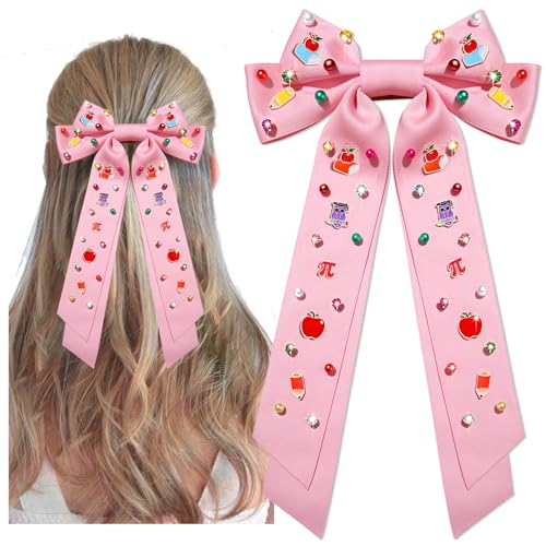 NVENF Pattern E Teacher Hair Bows for Women with Rhinestones – Pencil & Book Charms, Large 9.8-11.8in