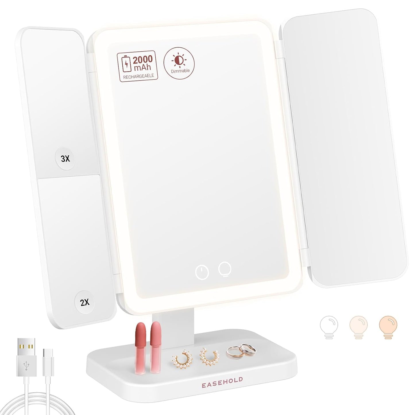 Foldable Tri-Fold Lighted Makeup Vanity Mirror - 60 LED Lights, 1X/2X/3X Magnification, Touch Control, 360° Rotation | Portable Travel Compact Mirror
