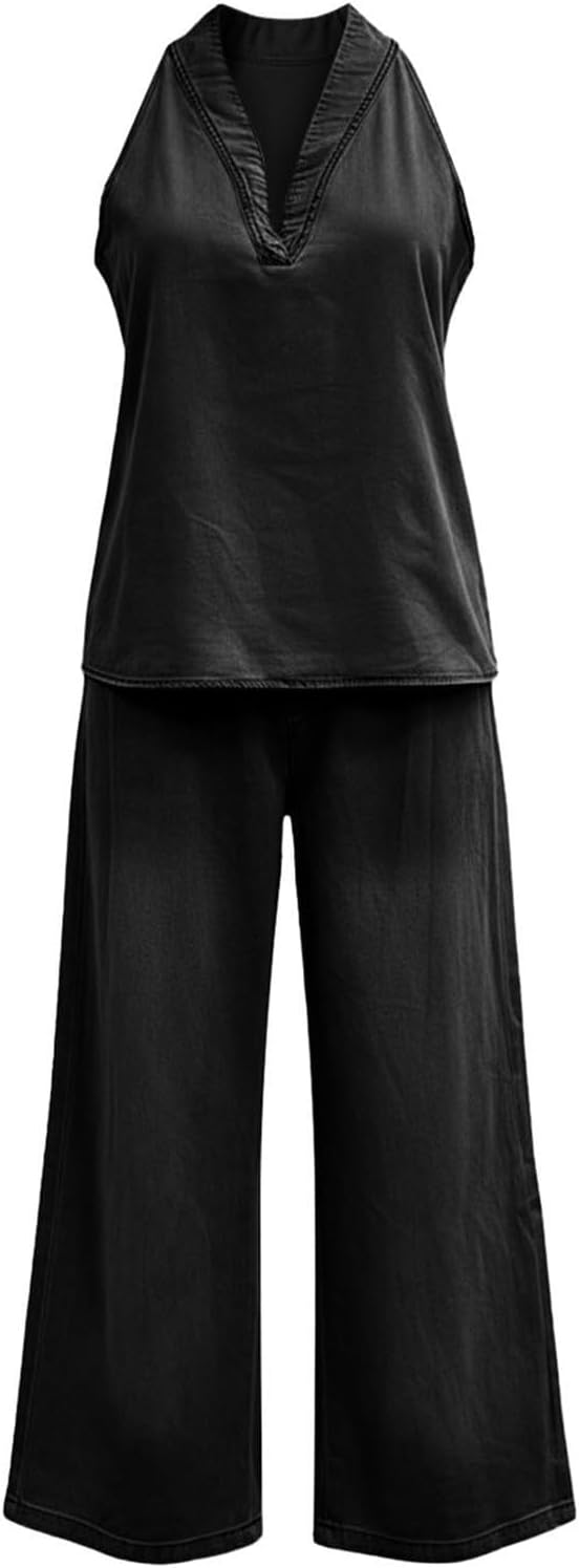 Women's Denim Outfit - Minimalist Halter Neck Top & High-Waisted Wide Leg Pants | Casual Travel Set