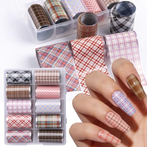 10 Rolls Plaid Nail Foil Transfer Sheets for Nail Art
