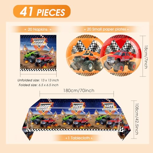 Monster Truck Birthday Party Tableware Set - 41 Pcs for Kids