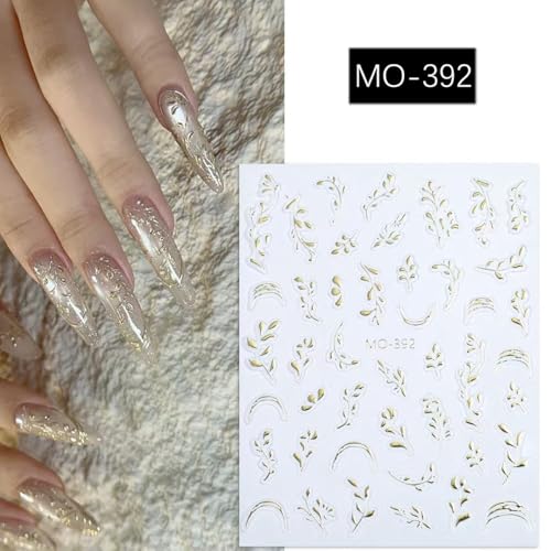 FRUZJAY Gold Silver Leaf Nail Art Stickers 2 Sheets 5D Embossed Leaves for Manicure