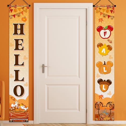 Hello Fall Porch Sign Banner - Mouse Pumpkin & Maple Leaf Decor