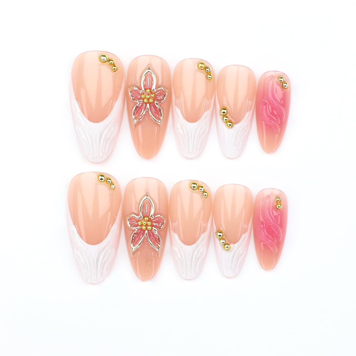 3D Pink Press-On Nails - Almond Medium French Tip with Embossed Flower & Gold Beads | 24 Pcs Glossy Reusable Full Cover Set