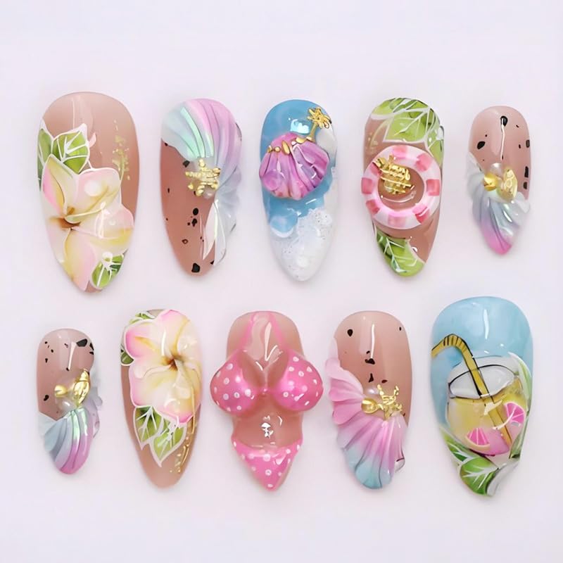 Summer Beach Press-On Nails Set - 24Pcs Medium Almond Floral Design with 3D Starfish & Seashell | Full Cover Ocean Manicure for Women