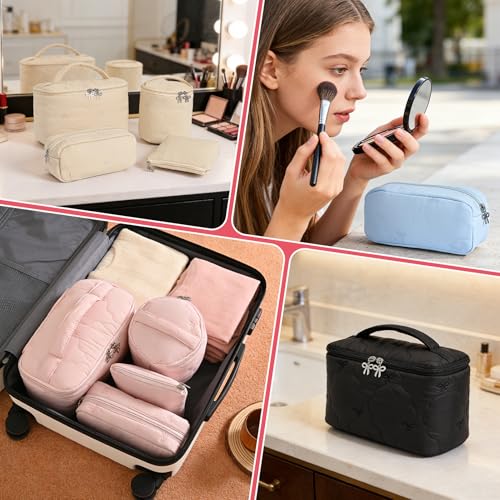 AMDAILY Sky Blue Quilted Makeup Bag Set with Bow Embroidery - 4 Pcs Travel Organizer