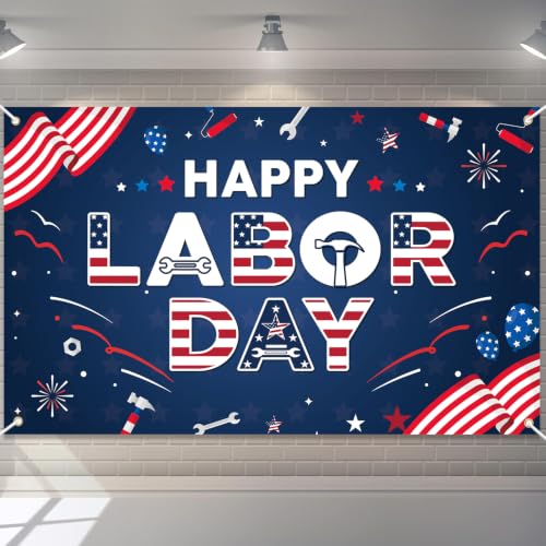 Happy Labor Day Banner Backdrop - 43.3x72.8 Inch Polyester Sign with Grommets & Rope for BBQ Party Decorations