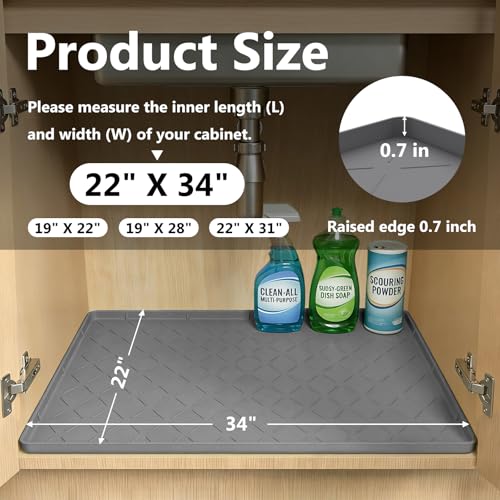 MateeyLife Waterproof Under Sink Mat 22" x 34" - Silicone Tray for Cabinet Protection