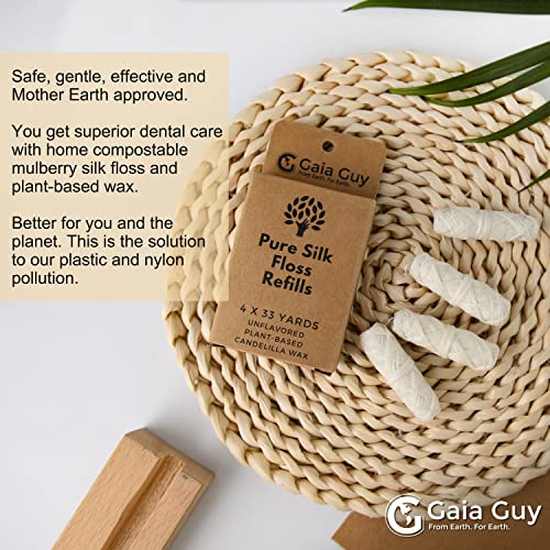 Gaia Guy Biodegradable Silk Dental Floss Refill - Eco-Friendly, Unflavored, 4 x 33yds