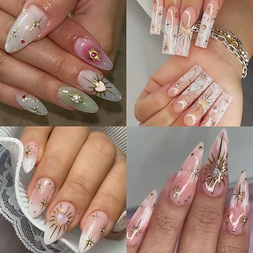 3 Sheets Gold Star Nail Stickers with Rhinestones - 5D Aurora Design