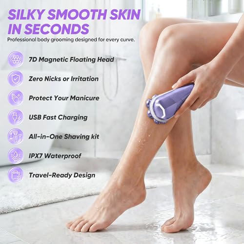 Electric Shaver for Women, Electric Razor with 7D Magnetic Shaver Heads, Wet Dry Waterproof Bald Head Trimmer Kit for Women & Men, Nose Ear Hair Trimmer, USB Rechargeable Clippers, Purple