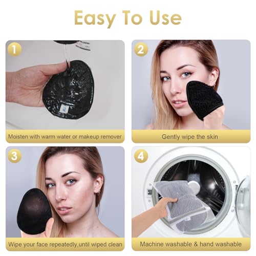 SINLAND Reusable Makeup Remover Pads Black (12 Pack) - Soft Microfiber Cleansing Cloths