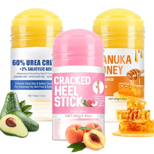 Charunee Cracked Heel Stick 3Pcs Foot Balm Roll-On for Dry Feet Men Women Peach Honey Avocado