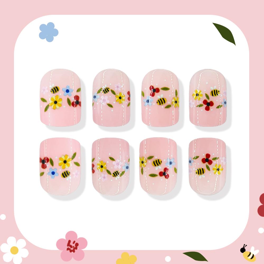 Spring Flowers Press on Nails Short Square Fake Nails with Colorful Flower | Bee Designs Acrylic False Nails Glossy Nude Glue on Nail Reusable Press ons Stick on Nails for Women Manicure 24Pcs
