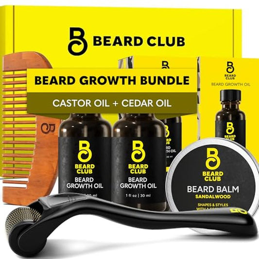 The Beard Club Enhanced Beard Growth Kit - Derma Roller, Beard Growth Oil (2PK), Sandalwood Beard Balm, Comb - Gift Set