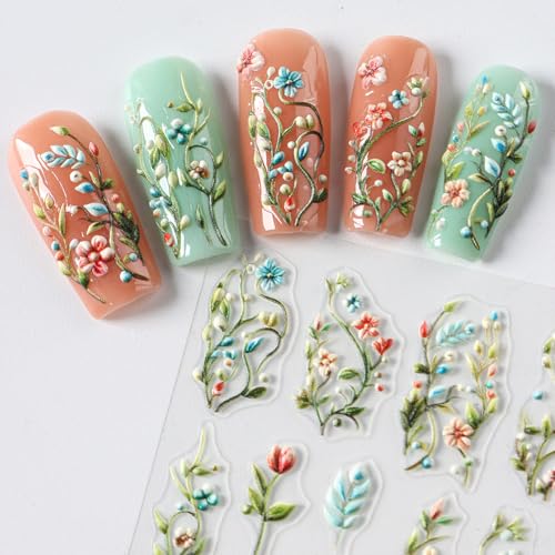 Brtavizvy 4 Sheets Spring Floral Nail Stickers with Tweezers - Green Vine Leaves, Colorful Petals, 5D Embossed Autumn Daisy Nail Decals (Multicolor)