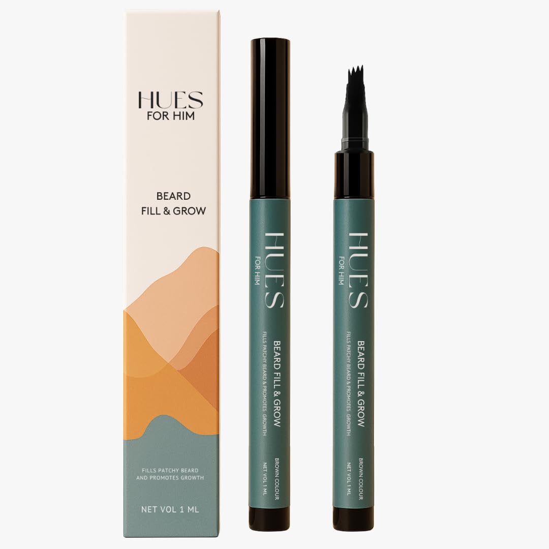 HUES FOR HIM Beard Fill & Grow Filler for Men | Growth Extract Formula | Waterproof, Smudge-Proof, Long-Lasting | Natural Look | Patchy Hair Coverage Solution (Brown)