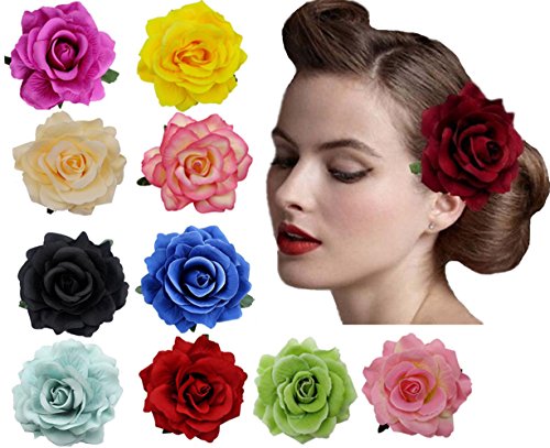 A-Mixed 10 Colors Womens Flower Hair Clips & Brooches for Bridal & Flamenco