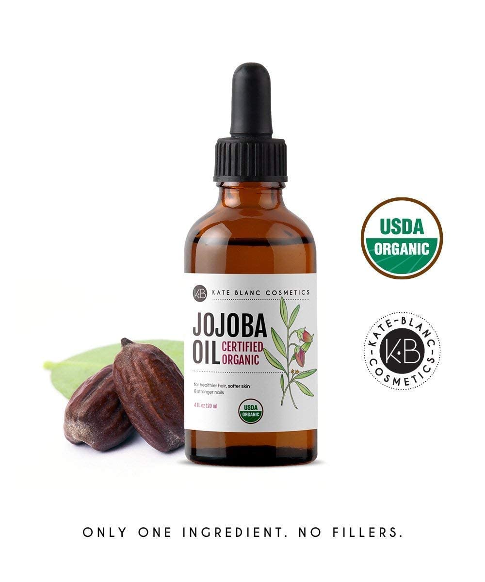 Kate Blanc Cosmetics Organic Jojoba Oil - 100% Pure Cold Pressed Moisturizer for Hair, Skin & Nails | 4oz Glass Bottle
