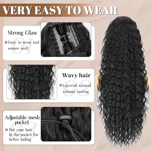 FREEMEIGE 30 Inch Long Wavy Claw Clip Ponytail Extension Synthetic Hairpiece